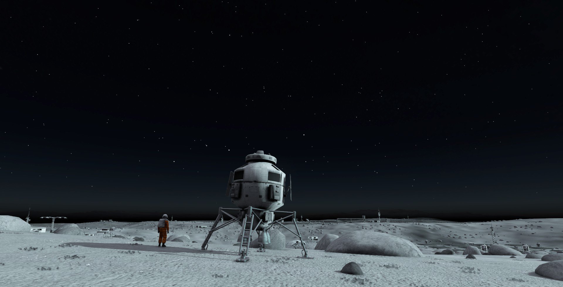In-game screenshot: a lander on grey lunar regolith under a black, star-filled sky, with a survivor in an orange suit nearby.